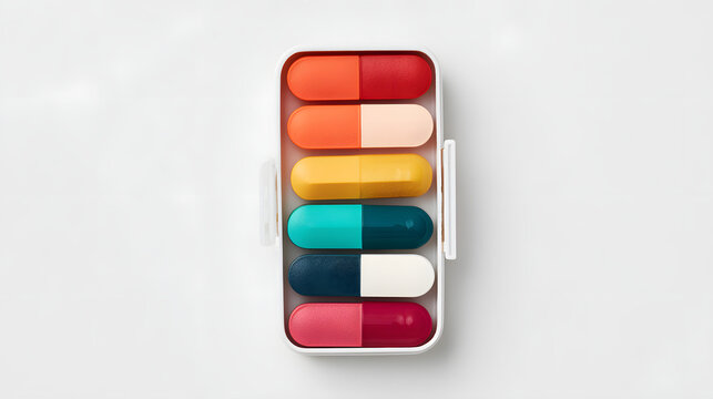 oligarchy. Pill organizer with tablets in sequence, clinical top view, geometric arrangement. STEM education sheets, lab safety posters, designed for biotech research communications.