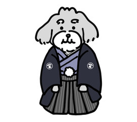 紋付袴を着た手描きの犬