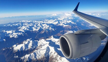 Aerial view of snow-capped mountains from plane window, blue sky