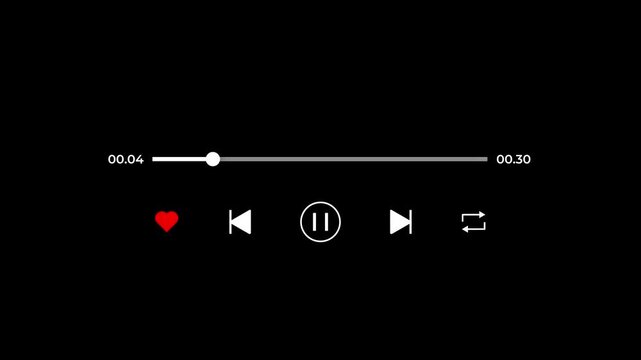 Music player overlay screen animation on black background 4K resolution with timer 30 second