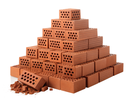 Large Heap Pile of Red Clay Bricks Isolated on White