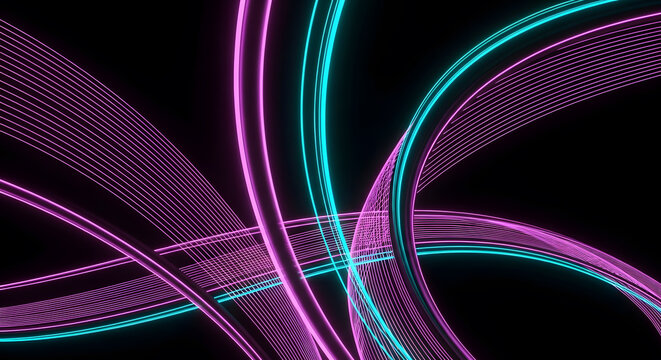 Abstract neon light trails with pink and blue glowing lines on black