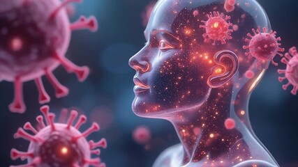 Transparent human head glowing particles virus cells floating red blue colors infection concept - Powered by Adobe