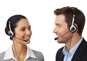Two smiling customer service representatives wearing headsets and looking at each other isolated on transparent background