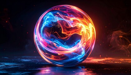 Abstract Glowing Orb Depicting Energy and Colorful Smoke in Dark Environment