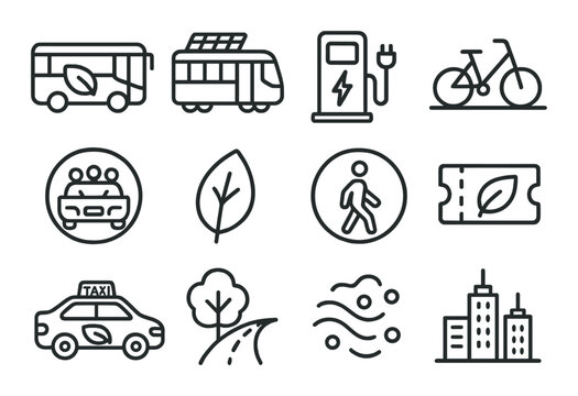Eco-friendly transportation icons featuring electric vehicles and green commuting symbols