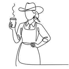 One Line Art Drawing of a Woman in Cowboy Hat and Apron Holding a Coffee Cup
