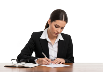 Professional woman in business attire writing notes on paper with glasses and notebook on desk isolated on transparent background