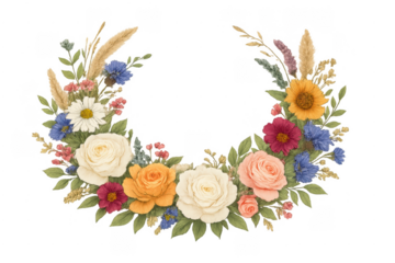 Watercolor floral wreath with roses and wildflowers transparent