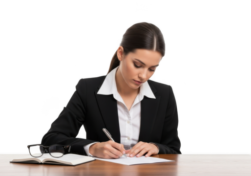 Professional woman in business attire writing notes on paper with glasses and notebook on desk isolated on transparent background