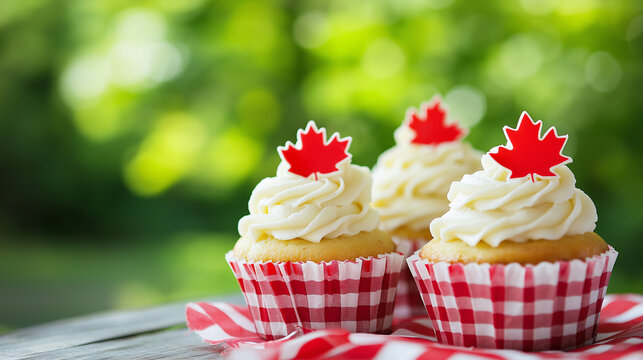 Maple leaf cupcakes for Canada Day celebration outdoors