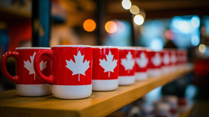 Canadian red and white maple leaf mugs displayed in store