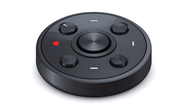 Round matte black device with five dark buttons and a red indicator, angled on a white surface