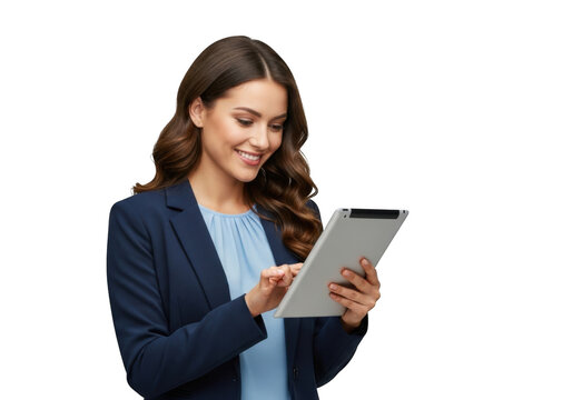 Smiling young professional woman in a dark blue blazer using a white tablet device isolated on transparent background