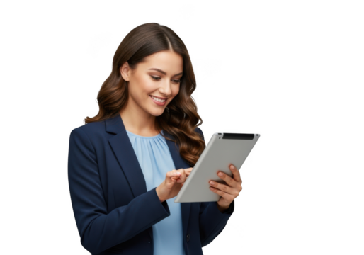 Smiling young professional woman in a dark blue blazer using a white tablet device isolated on transparent background