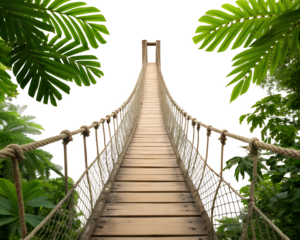 Rustic Wooden Rope Jungle Bridge Arch Isolated with Green Foliage
