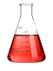 Laboratory Erlenmeyer Flask with Red Chemical Liquid Isolated