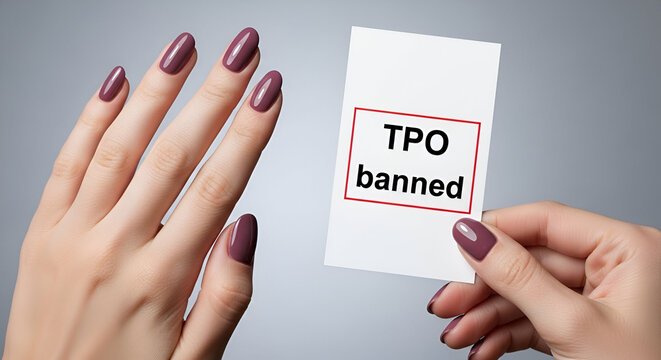 Two gel polish bottles shown for comparison: one with TPO, one without.