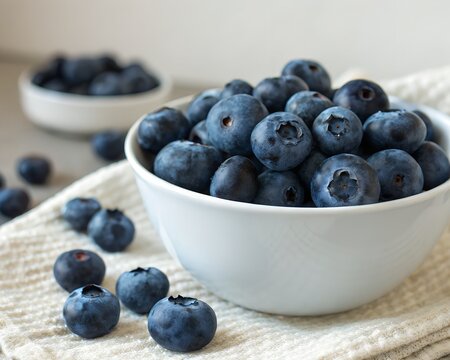 Fresh blueberries in a white bowl on a textured cloth.