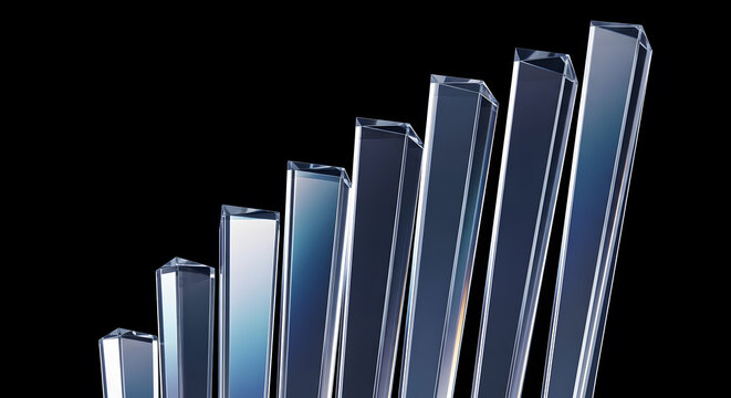 Rising bar graph made of glass on black background shows growth concept