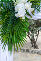 A floral masterpiece of Phalaenopsis aphrodite orchids and tropical leaves captures the essence of island romance