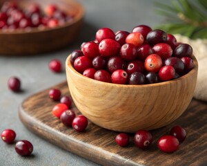 Fresh Cranberries in a Wooden Bowl on a Rustic Board