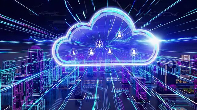 Cloud icon floats above digital city. Network lines show connectivity. Data streams power technology. Urban infrastructure reveals communication computing. City network cloud connectivity data digital