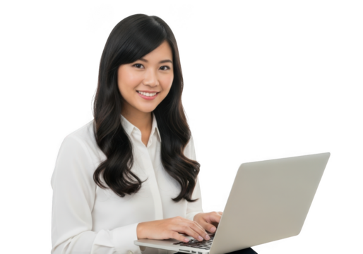 Smiling young woman with long dark hair wearing a white shirt typing on a modern silver laptop isolated on transparent background
