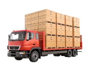 Red Flatbed Delivery Truck Fully Loaded with Cardboard Shipping Boxes