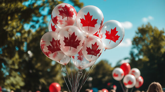 Cluster of Canada Day maple leaf balloons in sunny park