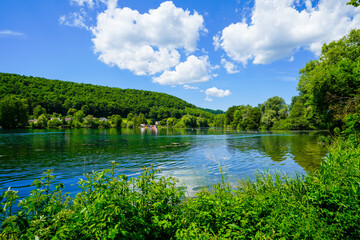 Landscape at Lake Itzelberg. Idyllic nature at the lake near Itzelberg in the Swabian Alb near Königsbronn.
