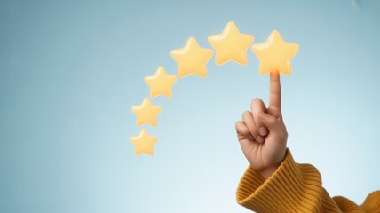 Rating the experience: A person's hand meticulously places a star, symbolizing excellent ratings, positive reviews, and exceptional feedback in the context of service and performance. 
