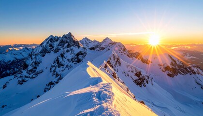 Majestic snow-capped mountain range at sunrise showcasing nature's grandeur and sunlight