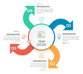 Infographic template for business. 4 Steps month Quarters Mindmap diagram with arrows and topics, calendar presentation vector infographic.