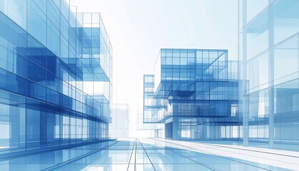 Architectural depiction of modern glass structures bathed in an ethereal blue light