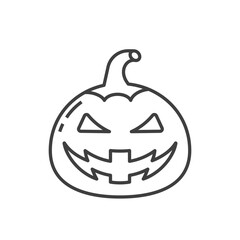 A spooky jack-o’-lantern vector icon in line style. Carved pumpkin with sharp eyes and wicked smile. Editable stroke. Perfect for Halloween designs, decorations, posters, and festive digital graphics