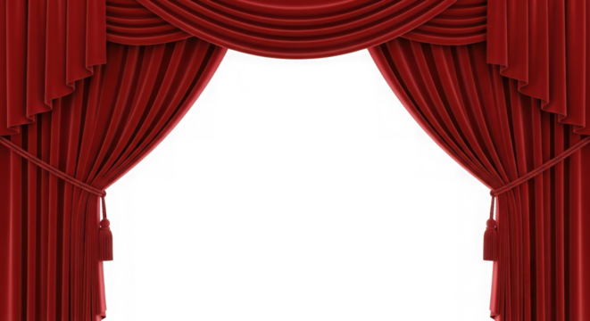 Red velvet theater curtains opening to reveal a black void isolated on transparent background