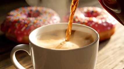 Delicious donuts and hot coffee are a perfect morning treat for a delightful breakfast - Powered by Adobe