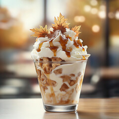 Maple syrup dessert in glass with whipped cream topping