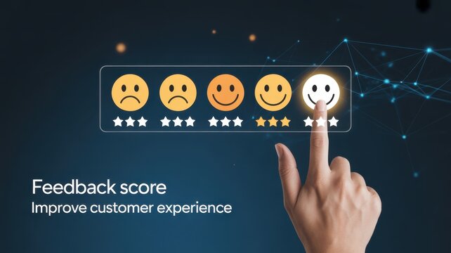 Feedback score with Hand and Interface: Digital rendering of a hand selecting an Excellent rating on an interface representing customer feedback. Emphasizing digital interaction, online reviews.
