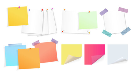 Colorful Sticky Notes and Memo Pads with Pins and Tape - Realistic Vector Templates for Messages, Torn Sheets and Curled Corners. Vector.