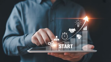 Digital Start: An individual guides the path to progress, symbolizing growth, innovation, and strategic planning. A digital interface shows a clear pathway of ascending trajectory. 