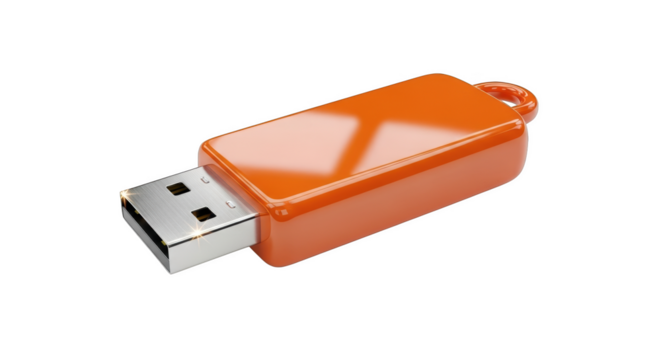 Bright Orange Glossy USB Flash Drive with Silver Connector on Black Background Keywords: USB, flash drive, storage, memory, data