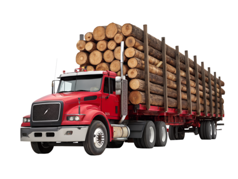 Heavy Duty Red Logging Truck Loaded with Timber Logs Isolated