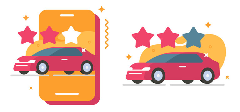 Car shop store reviews service on mobile cell phone app icon vector, taxi driver rating rank service stars on smartphone screen modern graphic design illustration, auto vehicle rental expertise score