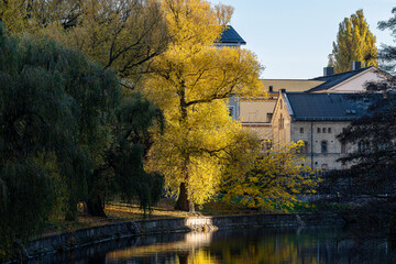 Waterfront park Strömparken during autumn in Norrkoping. Norrkoping is a historic industrial town in Sweden