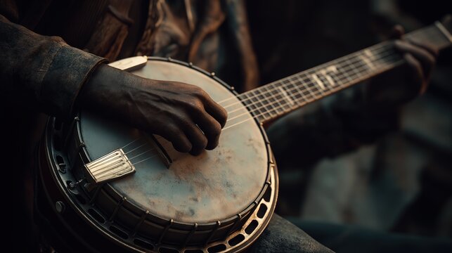 Close Up Hands Playing Weathered Banjo - Powered by Adobe