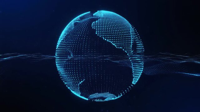 Global network connection concept with a blue planet earth and abstract digital information lines on a blue background. Nebula of dots representing machine learning process with data analysis. 