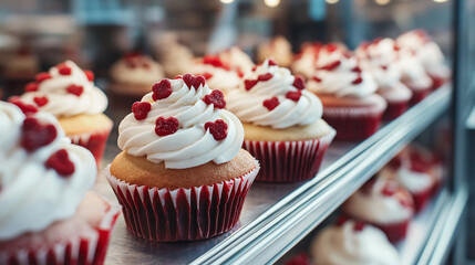Red and white cupcakes with frosting in bakery display