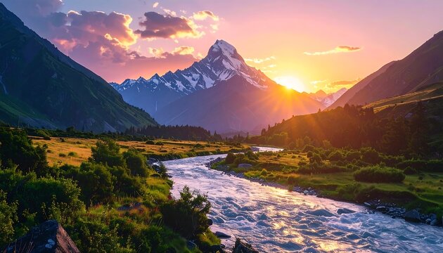 Sunrise over a mountain valley. River flows through green fields, a peak of snow-capped mountains is in view